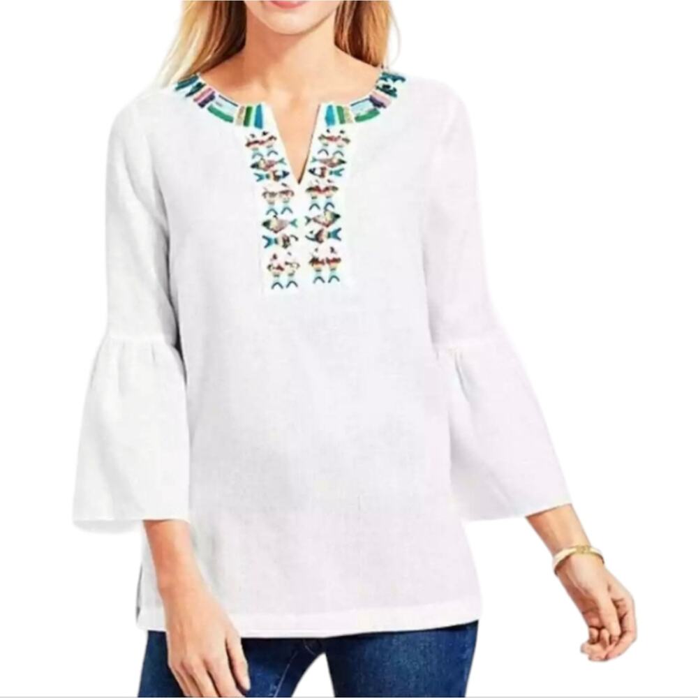 Talbots women's linen fish sequin embroidered popover top Small boho vacation